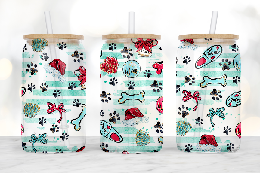 Christmas Paws 16 oz glass libby-frosted