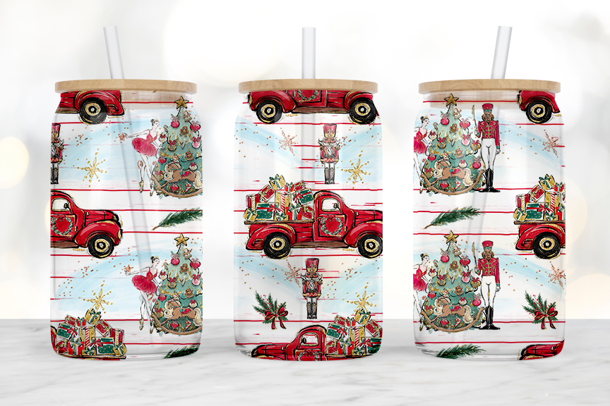 Christmas Truck 16 oz Glass Libby-frosted