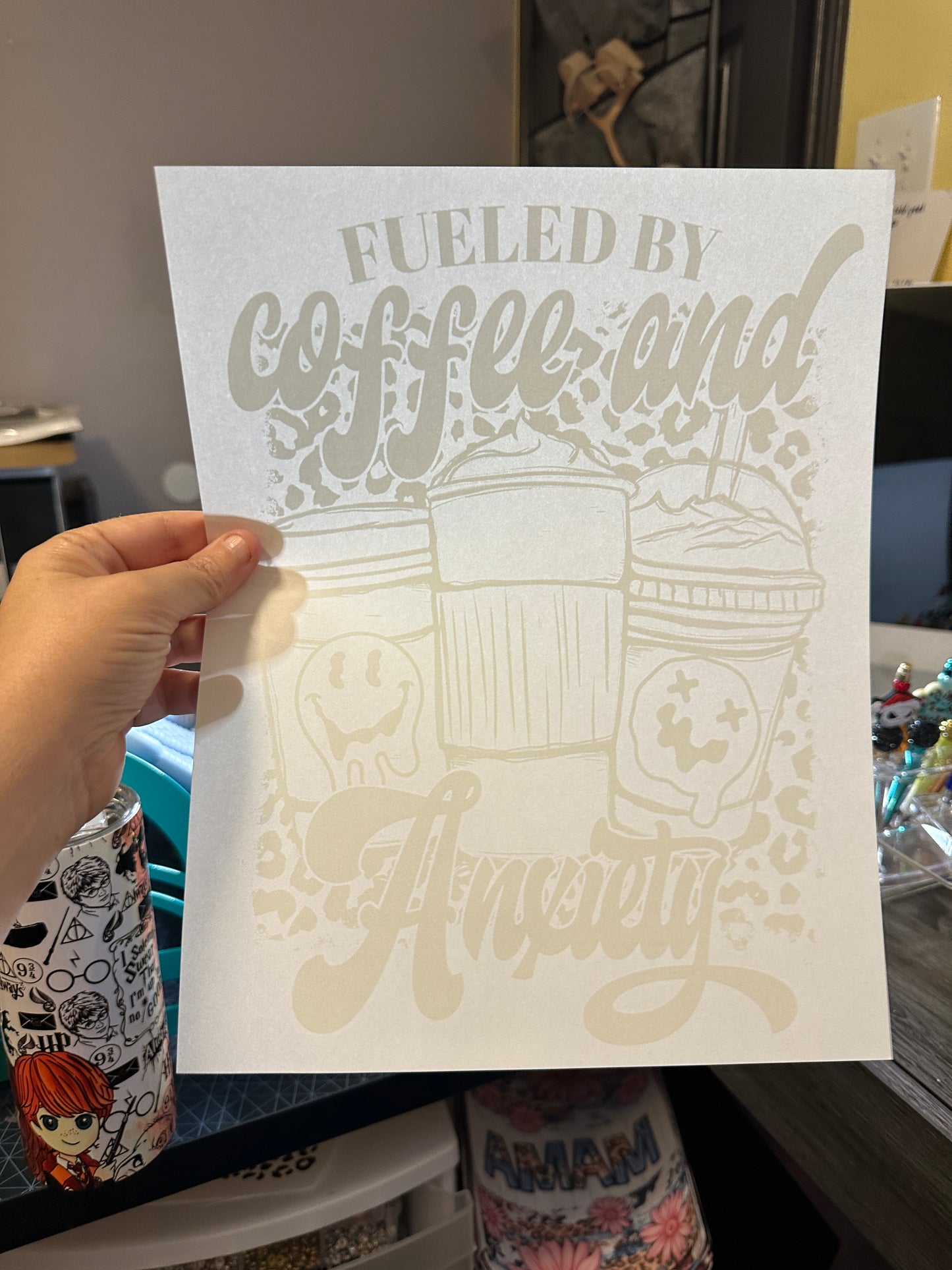 Fueled by Coffee and Anxiety White Screenprint